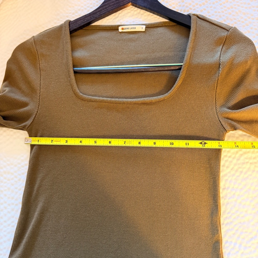 Marine Layer Women S Olive Green Ribbed Square Neck Short Sleeve Top Minimalist - Picture 6 of 7